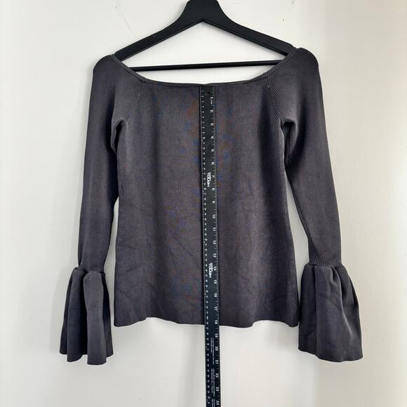 Elizabeth and James Ribbed Off the Shoulder Top Bell Sleeve Dark Gray - Picture 3 of 8